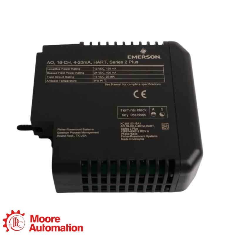 Scheda Emerson VE4035S2B4 con uscita analogica HART ridondante a 16 canali da 4-20 mA e uscita HART, con funzionalità aggiuntive.